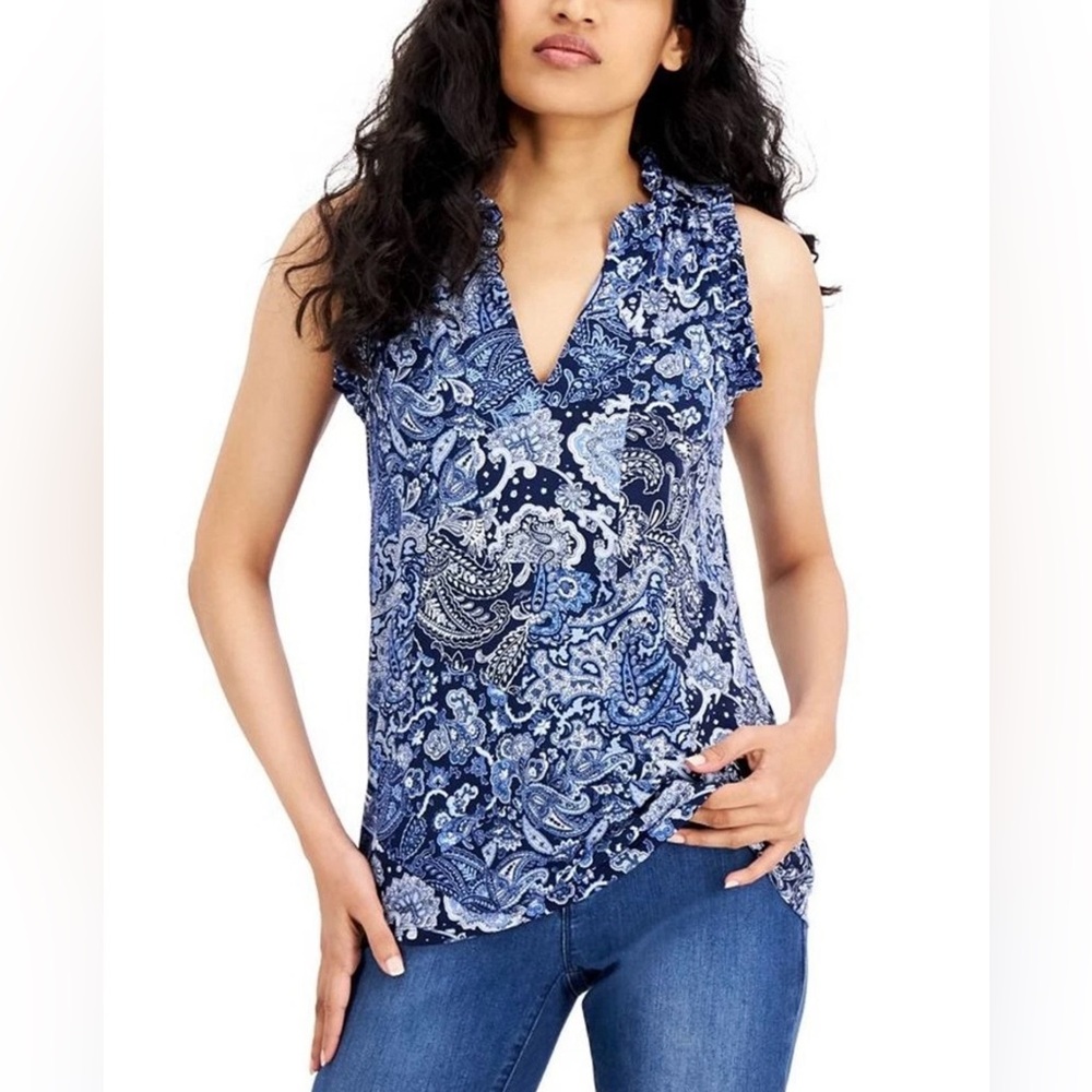 MICHAEL Michael Kors Women’s Arabesque Blue Paisley-Print Sleeveless‎ Blouse XS